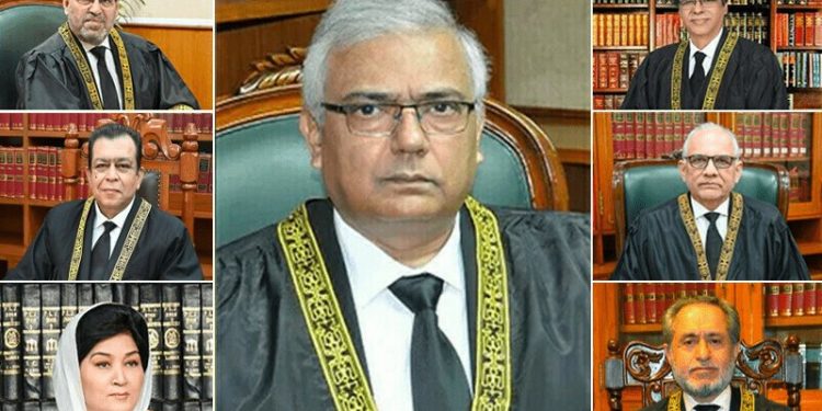 The Supreme Court’s (SC) Constitutional Bench on Monday reserved its verdict on the appeals against the decision to declare the trial of civilians in military courts null and void, saying it would announce the verdict later this week.

The development came as the CB resumed hearing a case pertaining to the military trials and the subsequent sentencing of civilians for their role in attacks on army installations during the riots that followed ex-premier Imran Khan’s arrest on May 9, 2023.

The CB resumed hearing a set of 38 intra-court appeals (ICAs) moved by the federal and provincial gover­nments as well as Shuhada Forum Balochistan, among others, against the widely-praised October 2023 ruling by a five-judge bench that unanimously declared that trying the accused civilians in military courts violated the Constitution.

The bench — led by Justice Aminuddin Khan and including Justices Jamal Khan Mandokhail, Naeem Akhtar Afghan, Muhammad Ali Mazhar, Hassan Azhar Rizvi, Musarrat Hilali, and Shahid Bilal Hassan — is reviewing whether the trial of civilians in military courts is constitutional or not.

During the hearing, Attorney General of Pakistan (AGP) Mansoor Usman Awan appeared as the state counsel.

TV analyst Hafeezullah Niazi, father of Hassaan Niazi who was among those convicted by military courts over the riots, also attended the hearing.

As the bench reserved its verdict on the long-standing case, Justice Aminuddin said the court will issue its short order on the decision this week.

The hearing
At the outset of today’s hearing, AGP Awan said he would begin his arguments by detailing what happened on May 9, 2023.

“Our country is in a state of war almost all year round,” he said. “Army installations were attacked under a well-thought-out plan; on May 9, 49 places were attacked from 3pm onwards,” he said.